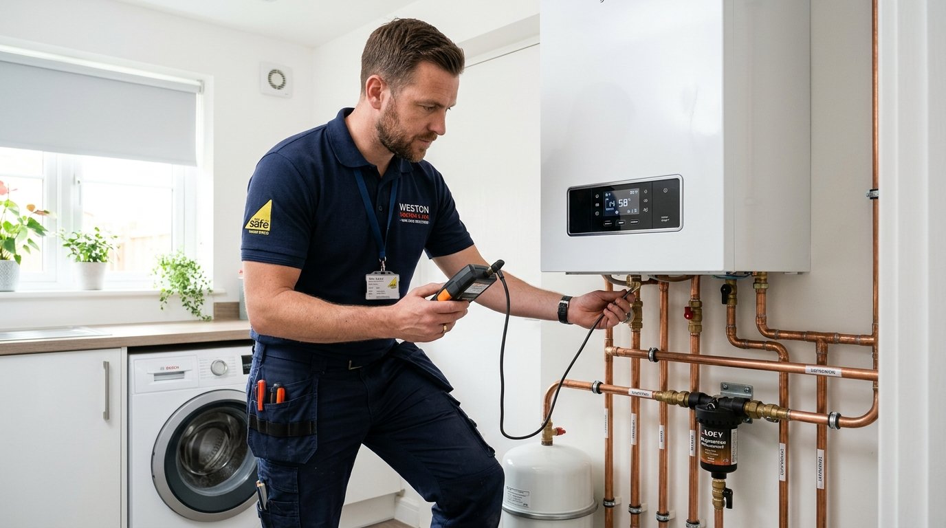 A.C.G professional heating engineer inspecting modern wall-mounted boiler in Birmingham utility room